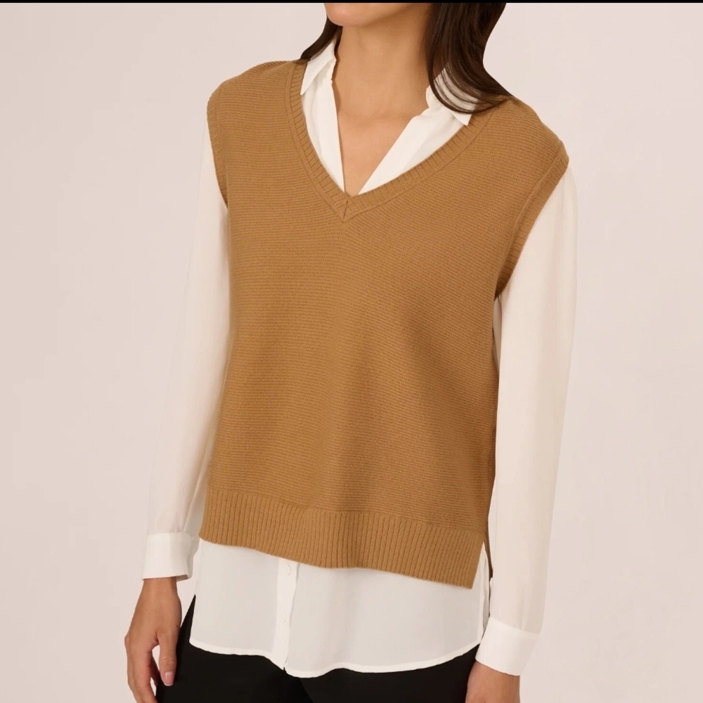 Adrianna Papell Sweater Vest Collared Twofer Longsleeve Shirt Camel Ivory NWT S